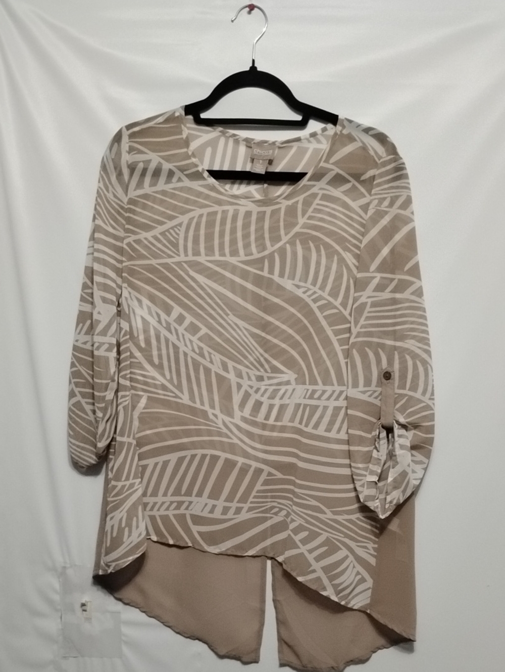 Chico's Beige and White Semi-sheer Printed Split Hem Back Tunic
